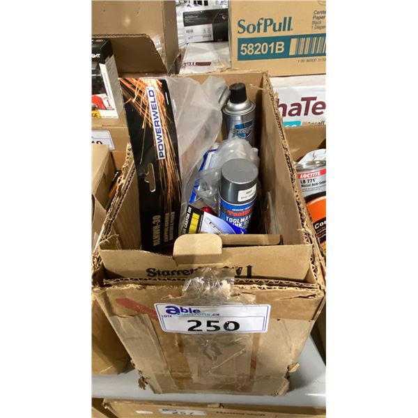 BOX OF STARRETT MEASURING TAPES, CHIPPING HAMMER, MARKING CRAYONS, & LUBRICANTS