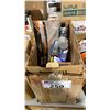Image 1 : BOX OF STARRETT MEASURING TAPES, CHIPPING HAMMER, MARKING CRAYONS, & LUBRICANTS