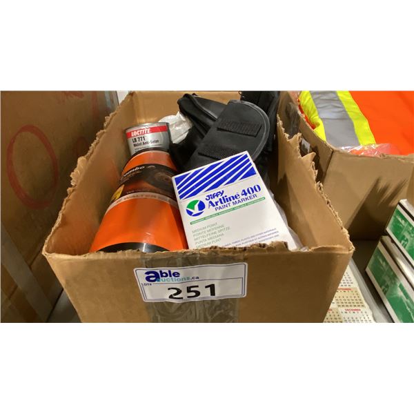 BOX OF HP COMBO GRINDING DISCS, PAINT MARKERS, SAFETY GOGGLE HOLDERS, & LOCTITE LB 771 LUBRICANT