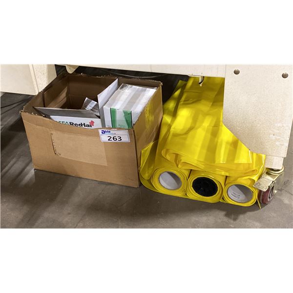 3 ROLLS OF YELLOW COMMERCIAL PLASTIC PACKAGING & BOX OF EYE BOLTS, LOCTITE SF 790, 2 BOXES OF ASCO