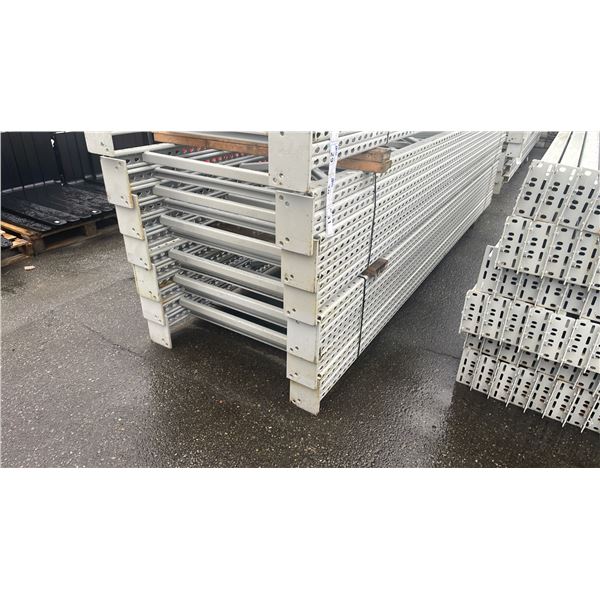 GREY INDUSTRIAL METAL PALLET RACKING 6 UPRIGHTS (12'L X 42"W) 20 CROSSBARS (8'L) & PALLET OF MESH