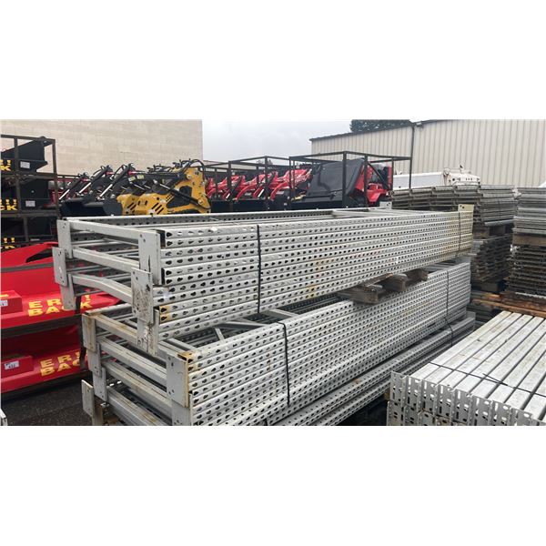 GREY INDUSTRIAL METAL PALLET RACKING 6 UPRIGHTS (12'L X 42"W) 20 CROSSBARS (8'L) & PALLET OF MESH