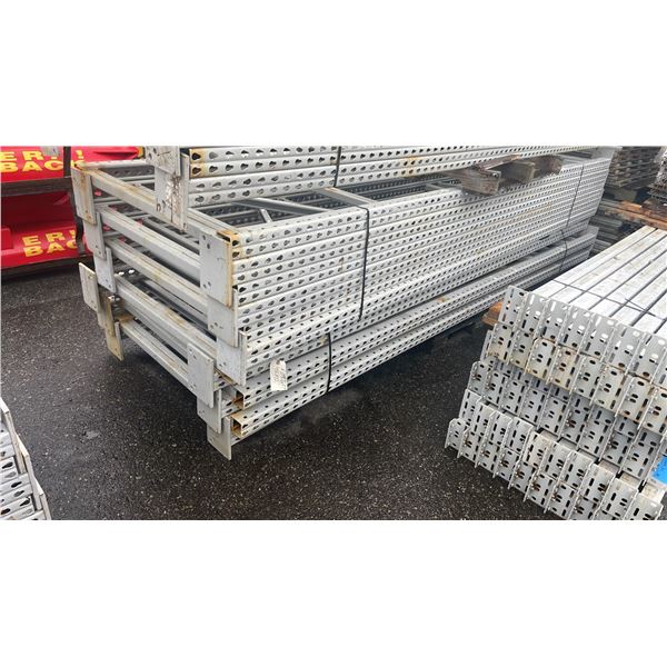 GREY INDUSTRIAL METAL PALLET RACKING 6 UPRIGHTS (12'L X 42"W) 20 CROSSBARS (8'L) & PALLET OF MESH