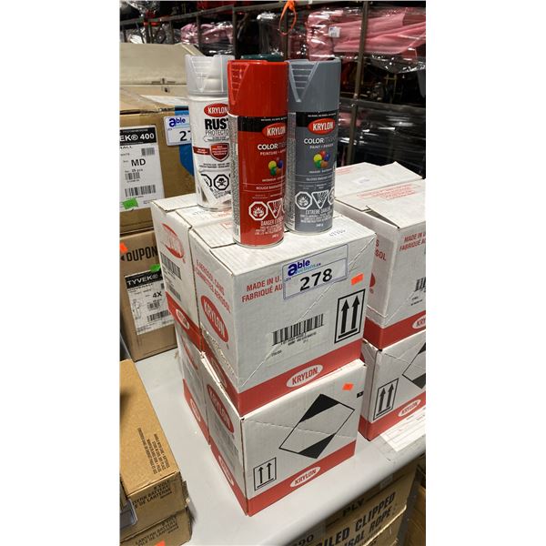 4 CASES OF KRYLON SPRAY PAINT- GLOSS BANNER RED, GLOSS FOREST GREEN, GLOSS CLEAR & GLOSS SMOKE GREY