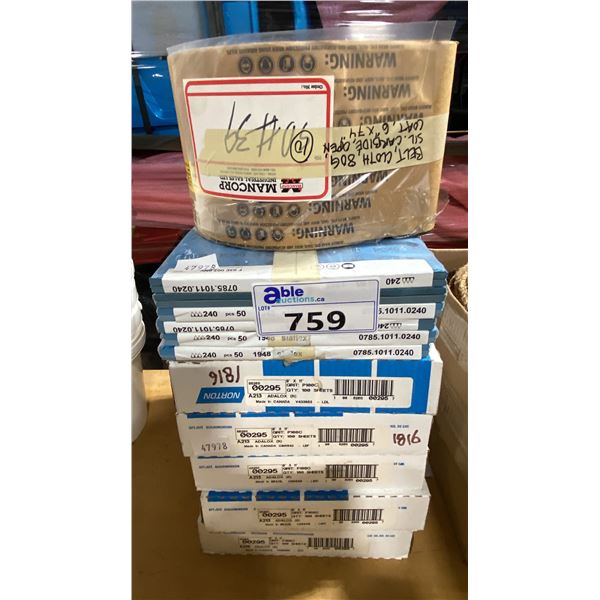 APPROX 10PCS OF 6" X 74" SANDING BELTS 80 GRIT, 300 PCS OF 240 GRIT SANDPAPER & 500PCS OF P100C
