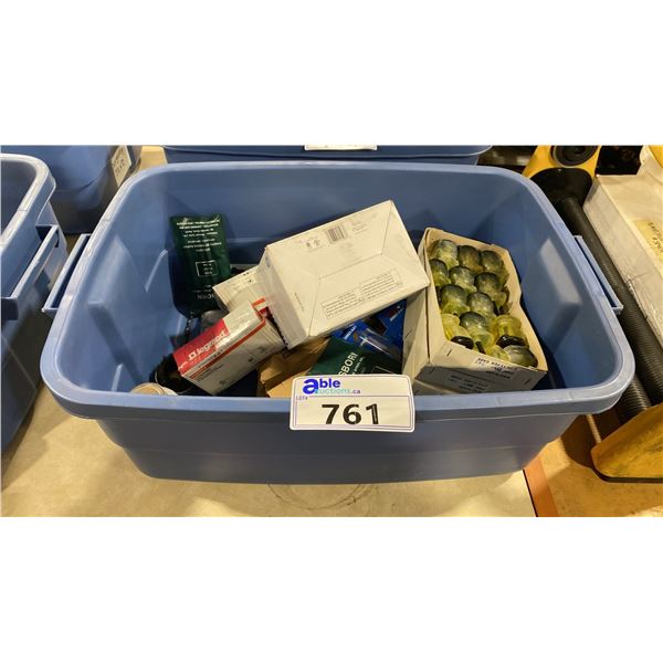 BIN OF ASSORTED HARDWARE, TOOLS, DRILL BITS, ALLEN KEYS, LIGHTBULBS & MORE *BIN NOT INCLUDED*