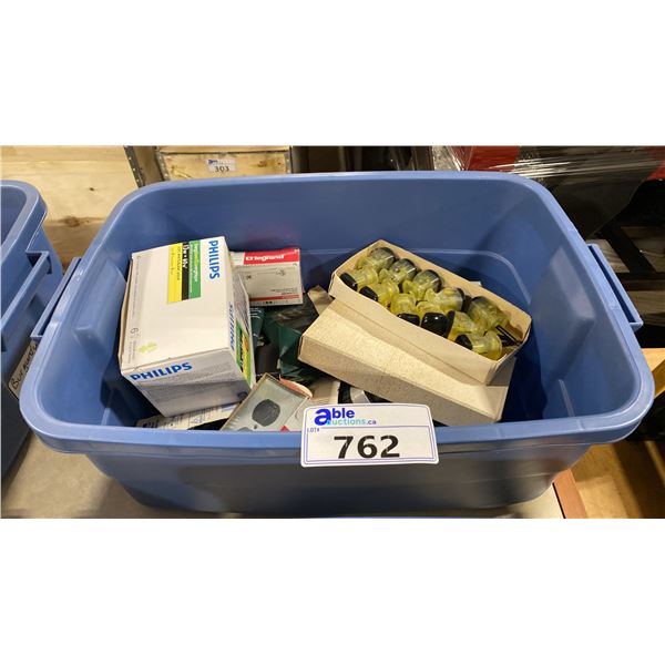 BIN OF ASSORTED HARDWARE, TOOLS, DRILL BITS, ALLEN KEYS, LIGHTBULBS & MORE *BIN NOT INCLUDED*