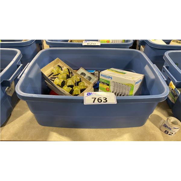BIN OF ASSORTED HARDWARE, TOOLS, DRILL BITS, ALLEN KEYS, LIGHTBULBS & MORE *BIN NOT INCLUDED*