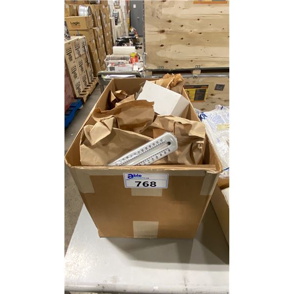 BOX OF ASSORTED PLUMBING SUPPLIES- HOT WATER THERMOMETERS, VALVES, CONNECTORS, RUBBER CAPS & MORE