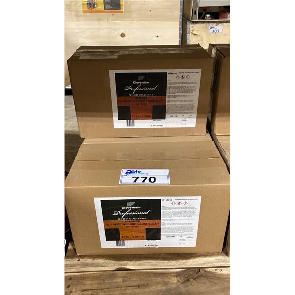 6 CASES OF 2X 3.78L CLOVERDALE PAINT PROFESSIONAL WOOD COATINGS, SUPREME WB HIGH GLOSS CLEAR
