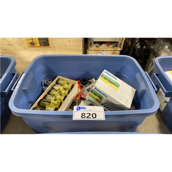BIN OF ASSORTED HARDWARE, TOOLS, DRILL BITS, ALLEN KEYS, LIGHTBULBS & MORE *BIN NOT INCLUDED*