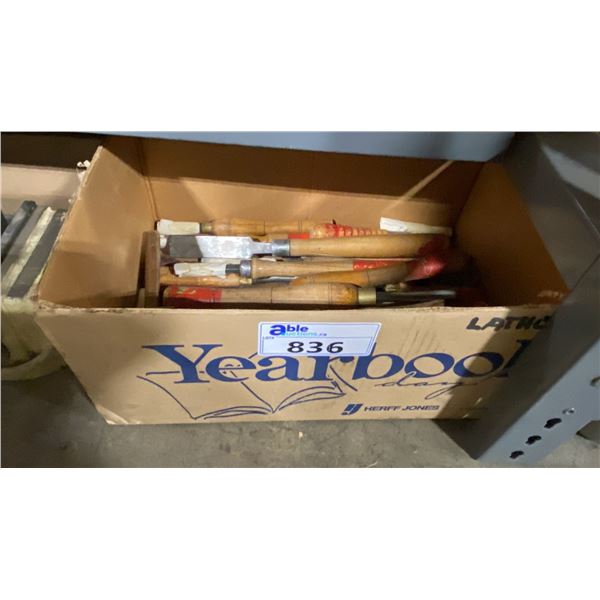 BOX OF ASSORTED INDUSTRIAL CHISELS & LATHE TOOLS