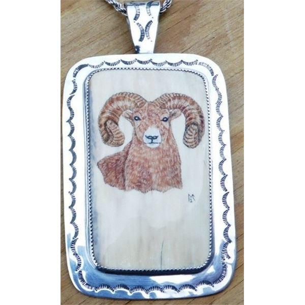 Sterling Silver and Mammoth Tusk Bighorn Sheep Pendant by Marv Clyncke