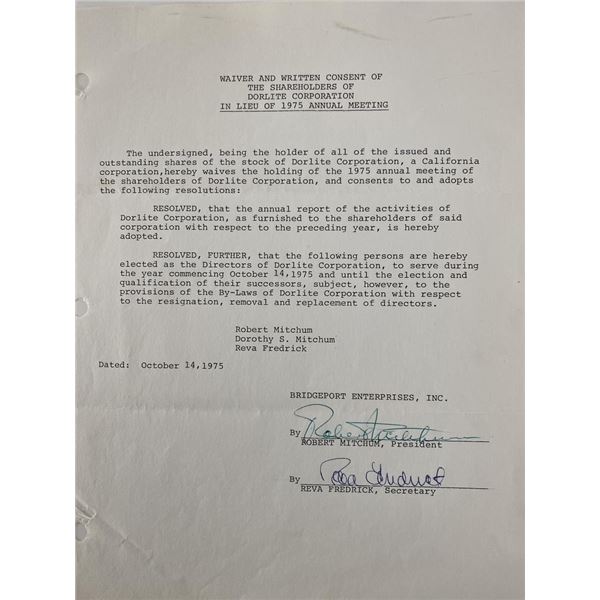 Robert Mitchum signed Dorlite Corporation Document