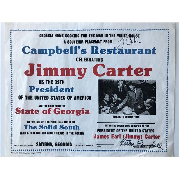 Jimmy Carter signed souvenir placemat