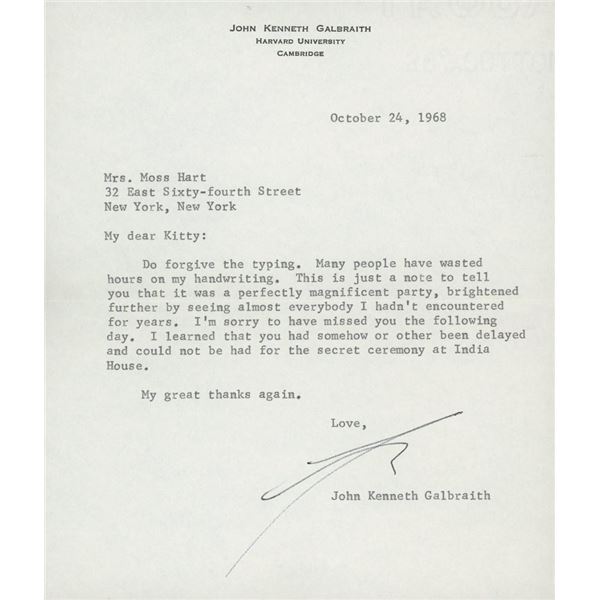 Economist John Kenneth Galbraith signed letter