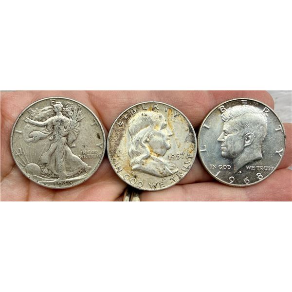 THREE DESIGNS OF THE US SILVER HALF DOLLAR: WALKING LIBERTY SILVER HALF DOLLAR - 1946; BEN FRANKLIN 