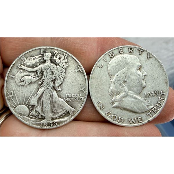 TWO DESIGNS IN THE SAME DECADE:  WALKING LIBERTY SILVER HALF DOLLAR - 1946; BEN FRANKLIN SILVER HALF