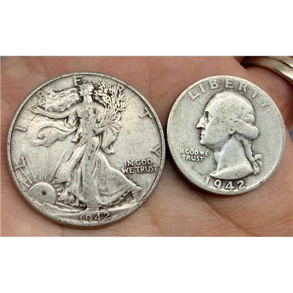 TWO TYPES OF COINS FROM THE SAME YEAR: WALKING LIBERTY SILVER HALF DOLLAR - 1942; WASHINGTON SILVER 