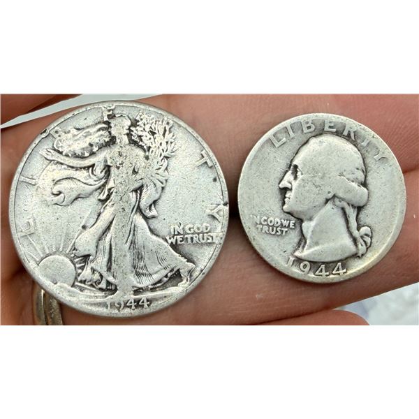 TWO TYPES OF COINS FROM THE SAME YEAR: WALKING LIBERTY SILVER HALF DOLLAR - 1944; WASHINGTON SILVER 