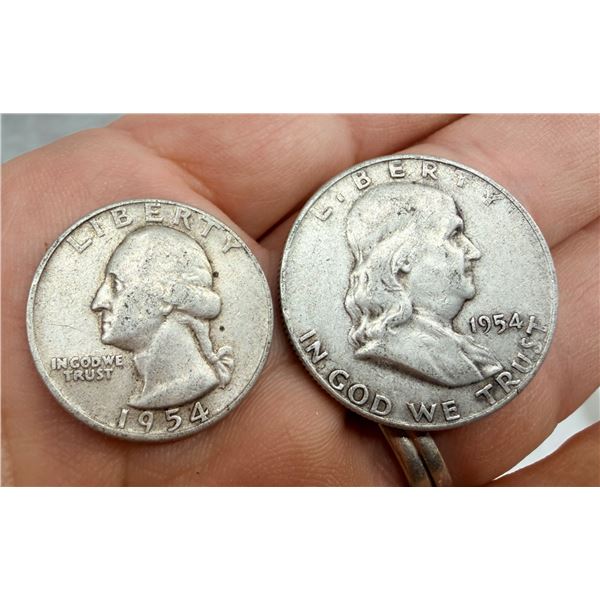 TWO TYPES OF COINS FROM THE SAME YEAR: BEN FRANKLIN SILVER HALF DOLLAR - 1954D; WASHINGTON SILVER QU