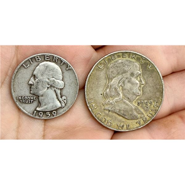TWO TYPES OF COINS FROM THE SAME YEAR: BEN FRANKLIN SILVER HALF DOLLAR - 1959D; WASHINGTON SILVER QU