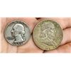 Image 1 : TWO TYPES OF COINS FROM THE SAME YEAR: BEN FRANKLIN SILVER HALF DOLLAR - 1959D; WASHINGTON SILVER QU