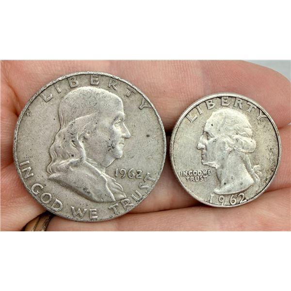 TWO TYPES OF COINS FROM THE SAME YEAR: BEN FRANKLIN SILVER HALF DOLLAR - 1962D; WASHINGTON SILVER QU