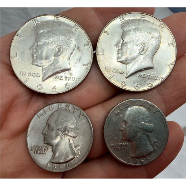 FOUR COINS FROM THE SAME YEAR: KENNEDY HALF DOLLAR - 1966 (X2); WASHINGTON QUARTER DOLLAR - 1966 (X2
