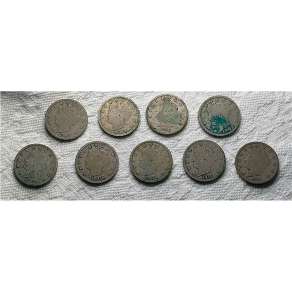 BARBER NICKELS - LOT OF 9; 1895, 1897, 1900, 1902, 1904, 1905, 1906, 1910, AND 1911