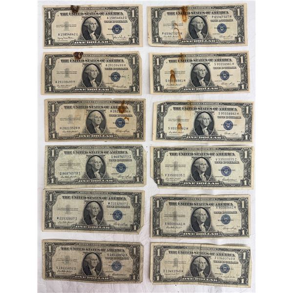 $1 SILVER CERTIFICATES - SERIES 1935D, SERIES 1935E, 1935F, AND 1957A - BLUE TREASURY SEALS; LOT OF 