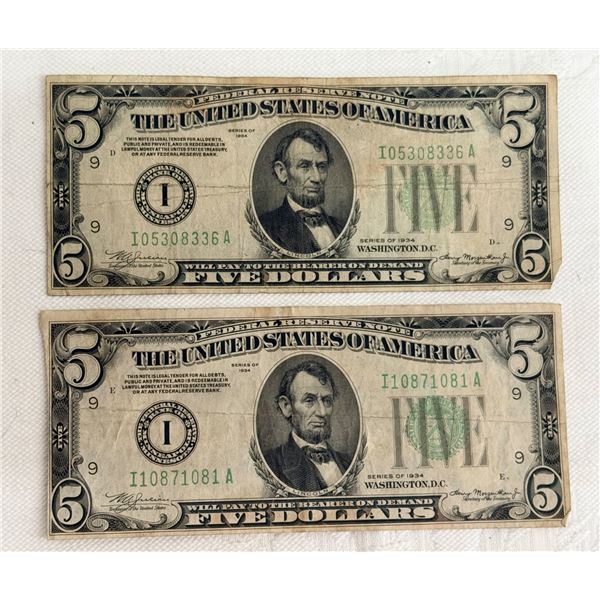 $5 UNITED STATES FEDERAL RESERVE NOTE – SERIES OF 1934, LIGHT GREEN TREASURY SEAL - ISSUED 
