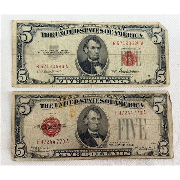 $5 UNITED STATES NOTE - SERIES 1928C AND 1953A - RED TREASURY SEAL; LOT OF 2