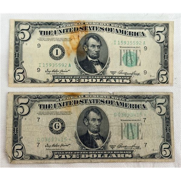 $5 UNITED STATES FEDERAL RESERVE NOTE – SERIES OF 1950A, LIGHT GREEN TREASURY SEAL; LOT OF 