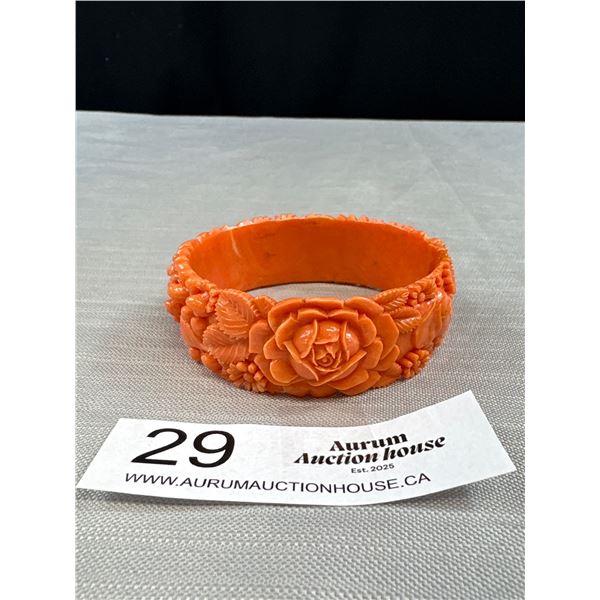 Exquisite Carved Antique 1920s High Relief Coral Celluloid Bangle Fabulous!