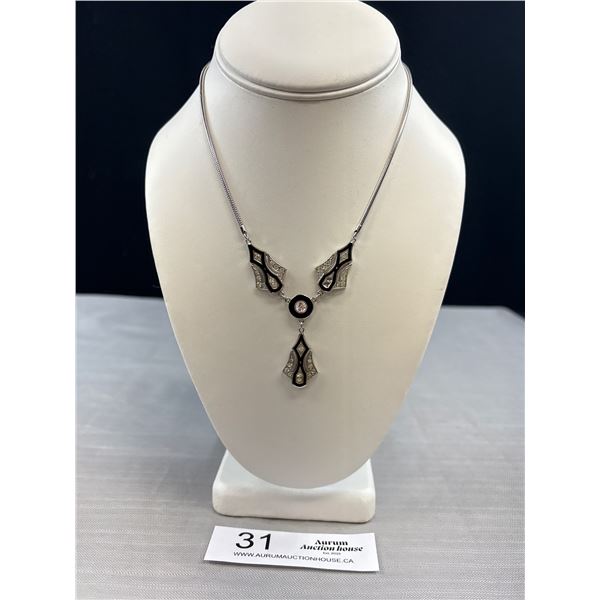 Art Deco Machine Age Silver Enamel Paste Stone Necklace Stunning!