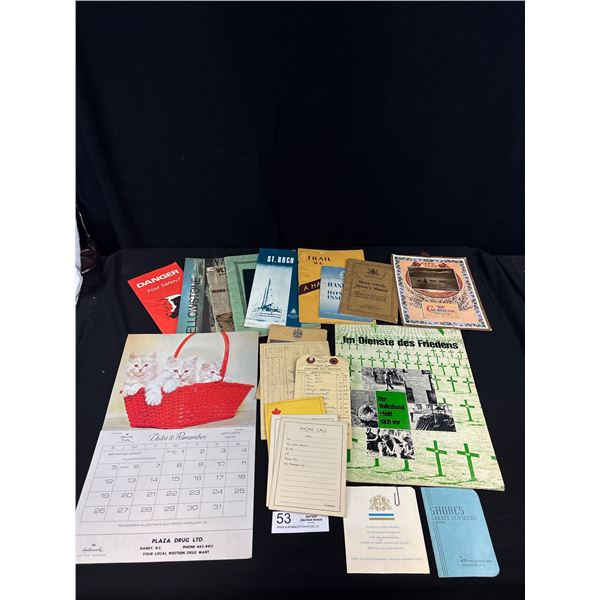 Vintage Ephemera - Drivers Manual 1949, Hospital Insurance 1952, Trail BC 1901-1915 Calendars +