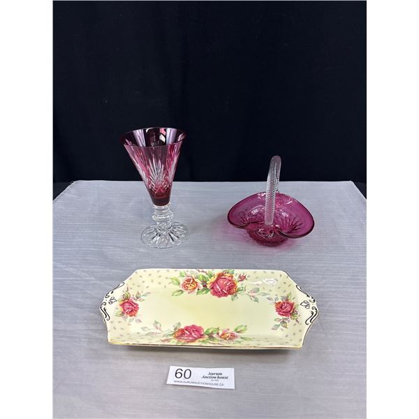 Vintage Paragon Double Warrant Tray, Cranberry Glass Cut to Clear and Blown Glass Cranberry Basket