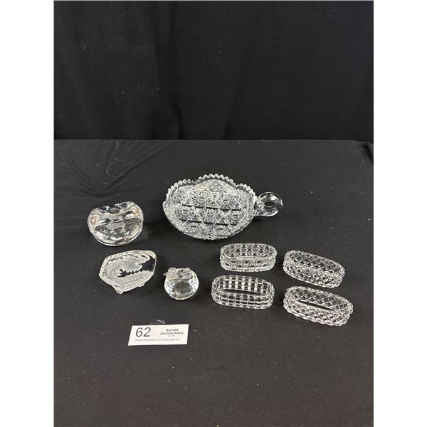 Vintage Cut Glass Thumbhold Dish, Napkin Rings, Crystal Apple and Crystal Paperweights