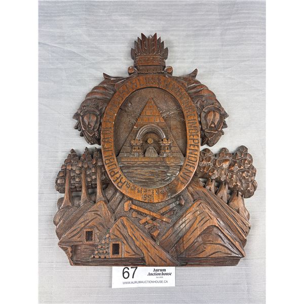 Vintage Hand Carved Wooden Coat of Arms Wall Plaque - 10" x 12"