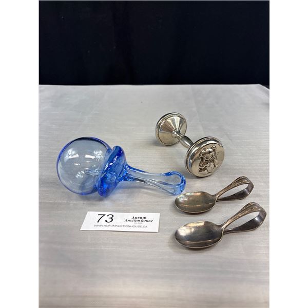 Unique Vintage Blown Glass Soothe, Baby Rattle and Feeding Spoons