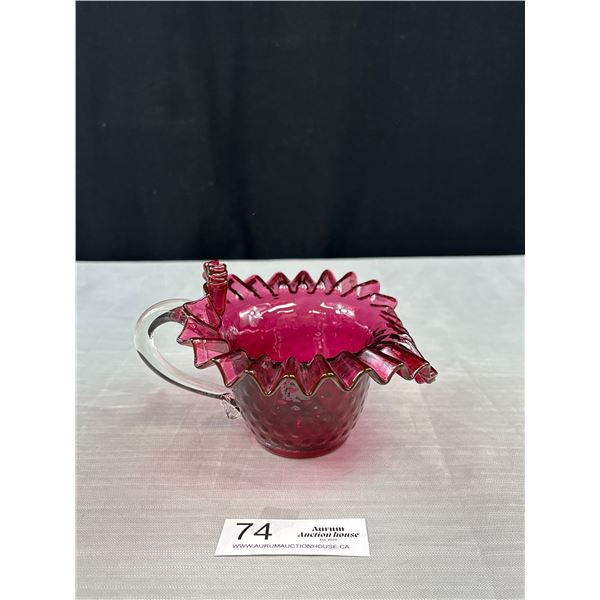Vintage FENTON Cranberry Ruffled Edge Hobnail Bowl w/Clear Handle