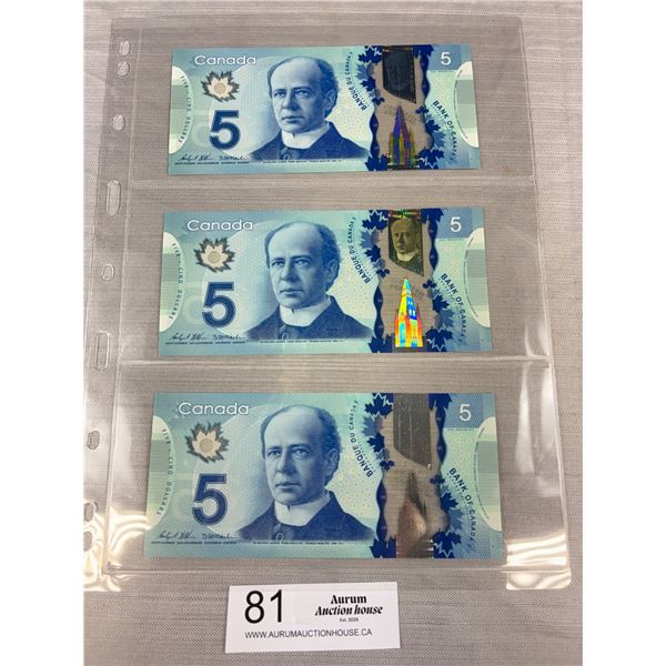 Lot of 3 Uncirculated in Sequence Bank of Canada $5 Notes