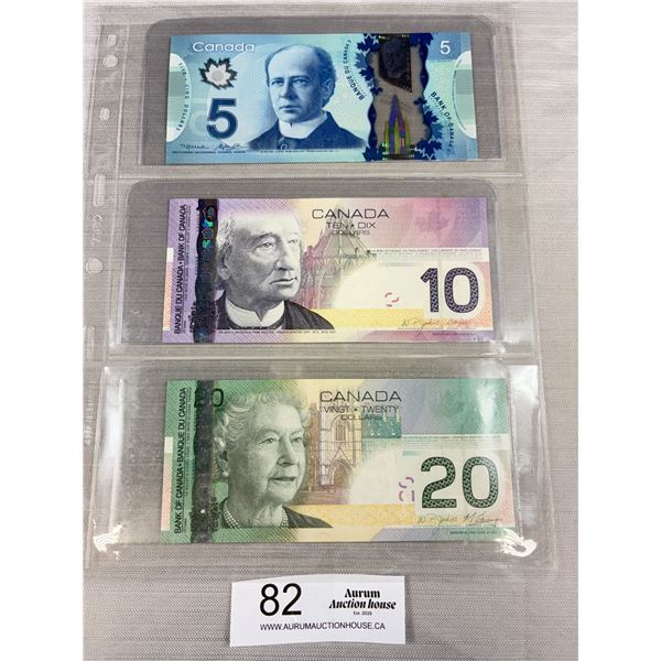 3 Uncirculated Canadian Bank Notes, $20 and $10 Last Paper Notes, In Holders