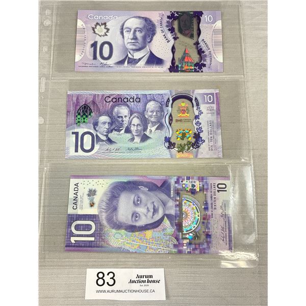 3 Different Uncirculated Bank of Canada $10 Notes