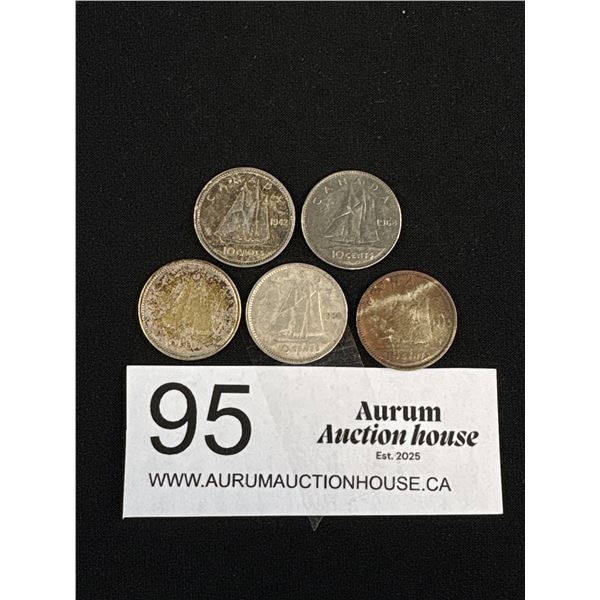 Lot of 5 Canadian Silver 10 Cent Coins 1942-68 Including The 47 Maple Leaf