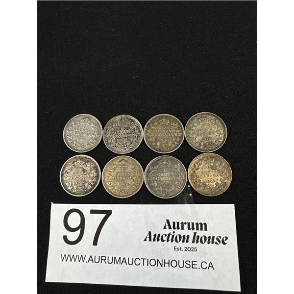 Lot of 8 Silver Canada 5 Cent Coins,1902 -1918