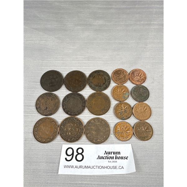 A Lot of 9 Canadian Large Cents 1882-1918 + 8 Small Canadian Copper Pennies