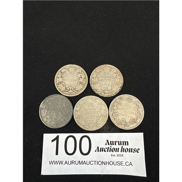 Lot of 5 Canadian Silver 25 Cent Coins From 1890-1920