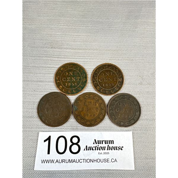 5 1859 Canada Large Cent Coins